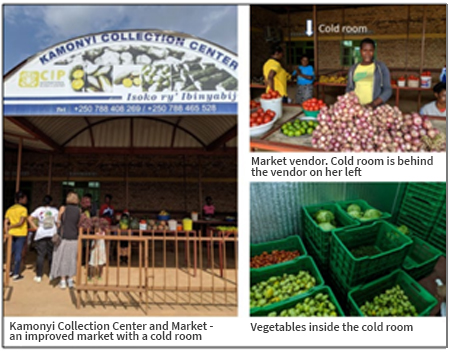 Images of Kamonyi collection center and market with a cold room, including a vendor standing in front of cold room and vegetables inside the cold room