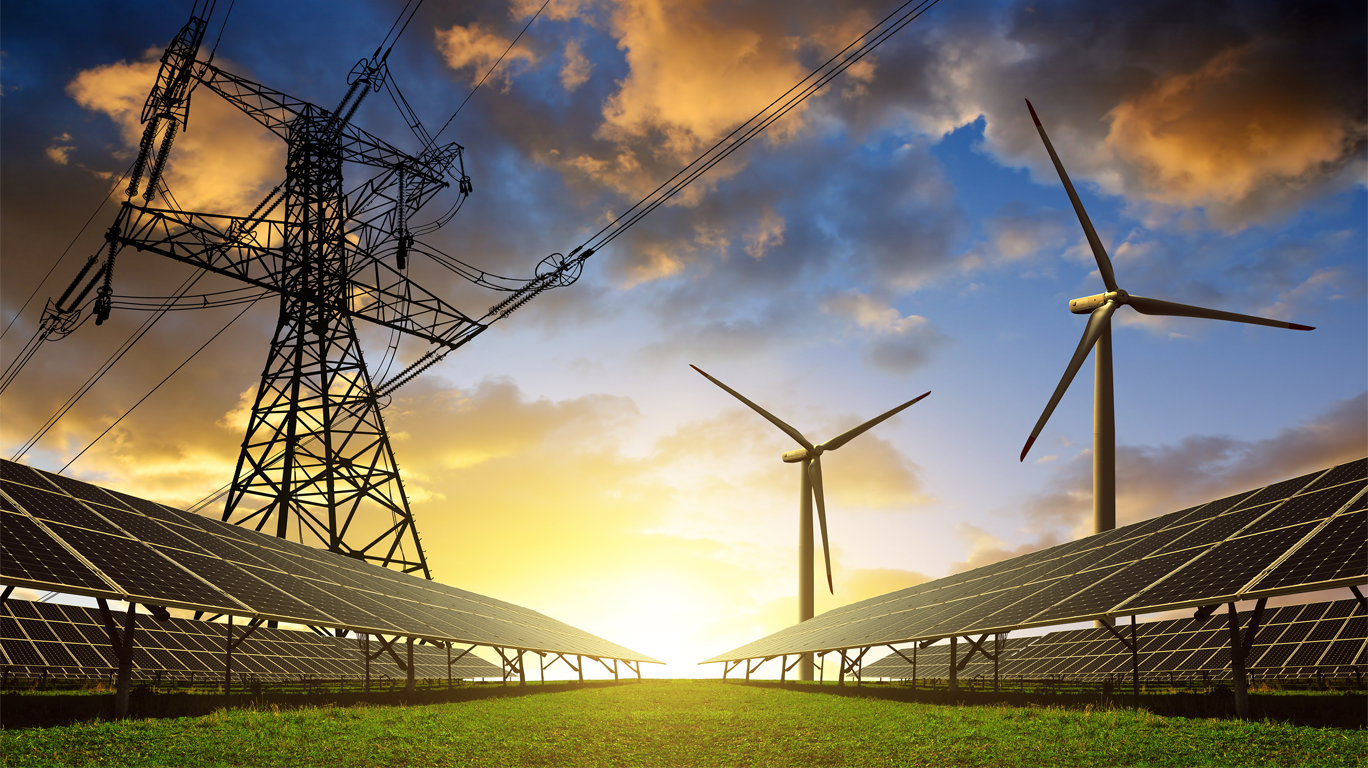 Image of wind turbines, solar panels, and electricity