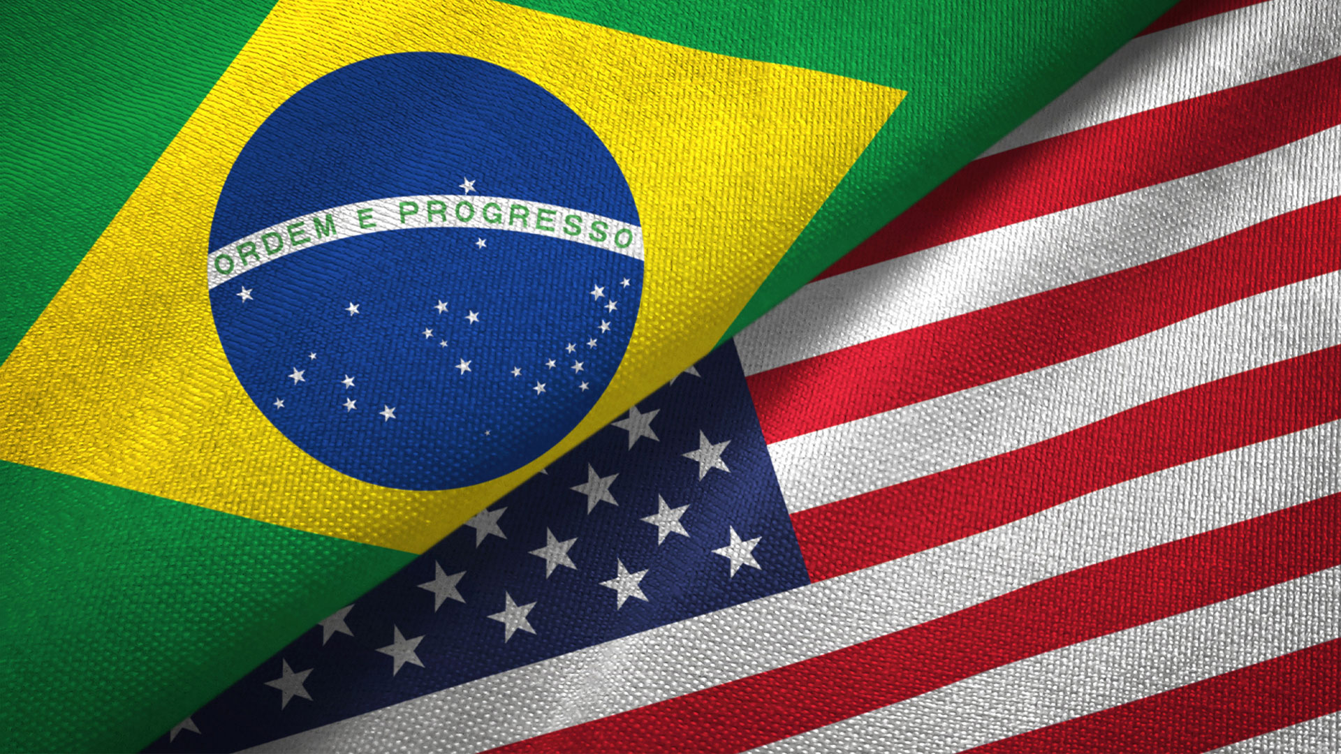 United States and Brazil two flags textile cloth fabric texture image