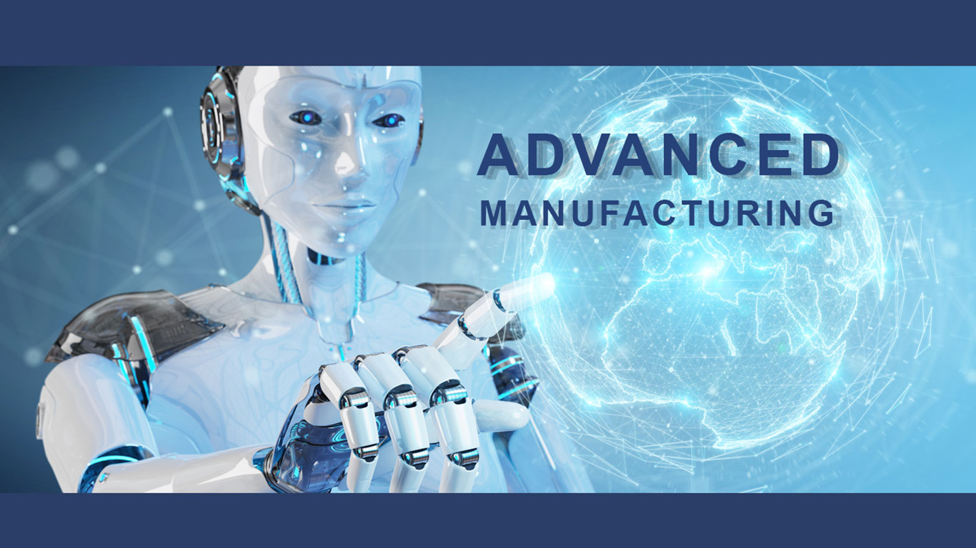 Robot with finger pointing at globe and text saying "Advanced Manufacturing"