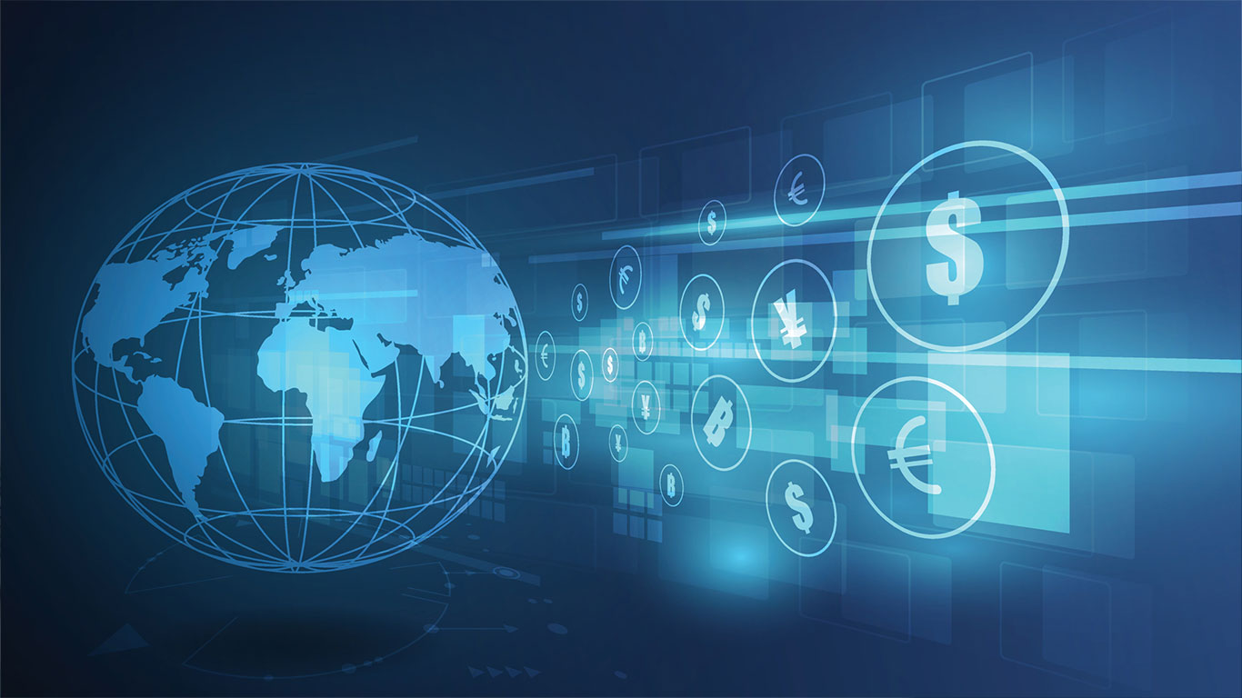 Global with various international currency symbols to the right