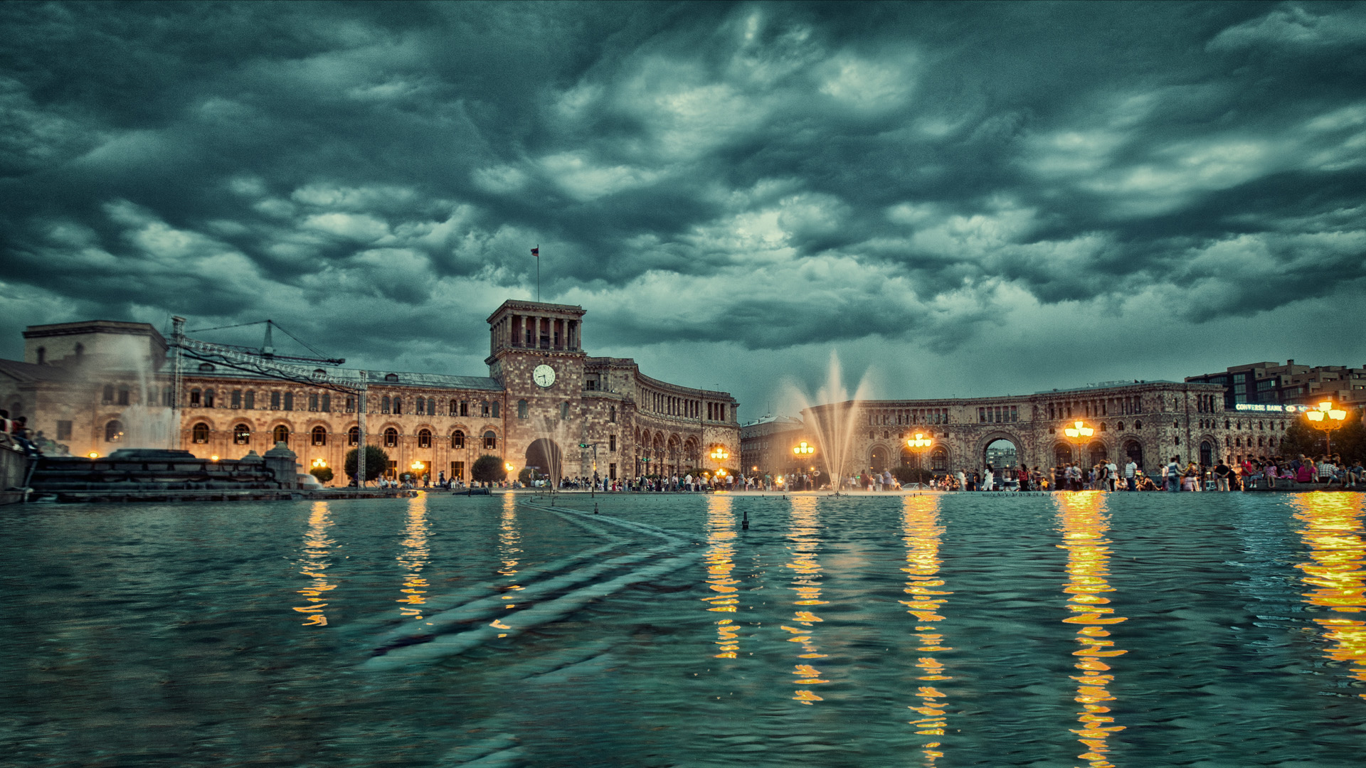 Singing Fountains Yerevan attraction, erevan, fountain, illumination, landmark, light, night, people, performance early evening image