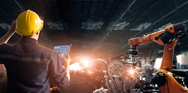 Advanced Manufacturing Industry man wearing hard hat at factory