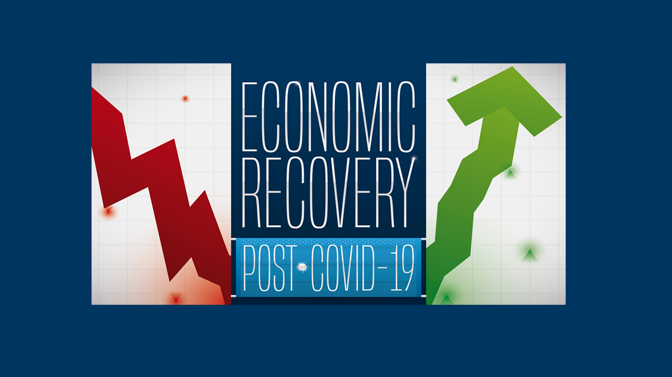 Economic recovery with downward red arrow and upward green arrow