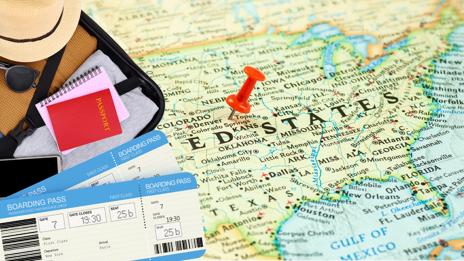 US Map with travel documents