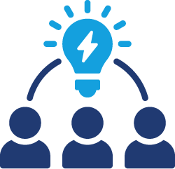 Icon of three people connected to a shared lightbulb overhead.