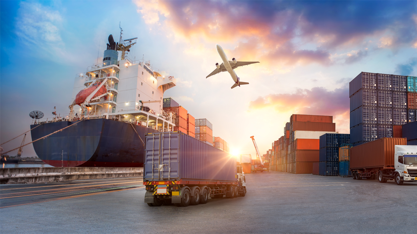 Container ships with airplane to signify international trade
