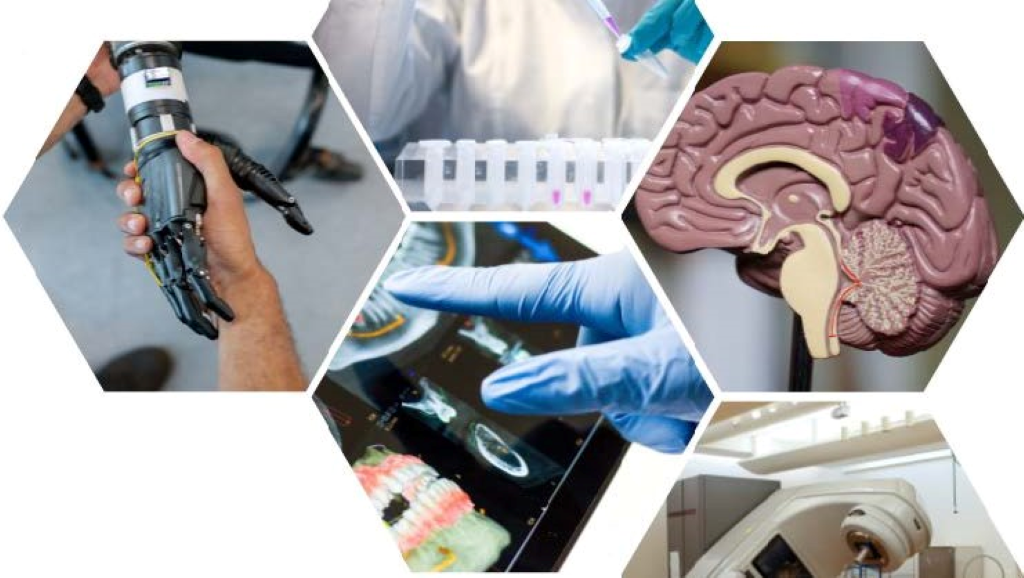 Hexagons with robotic arm, brain simulation, and finger touching medical equipment