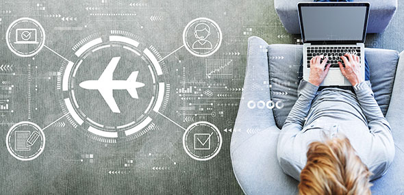 female working on laptop with overlay of travel icons 