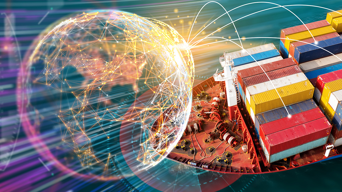 Container ship and globe side by side with connecting lines linking different containers to different areas on the globe.