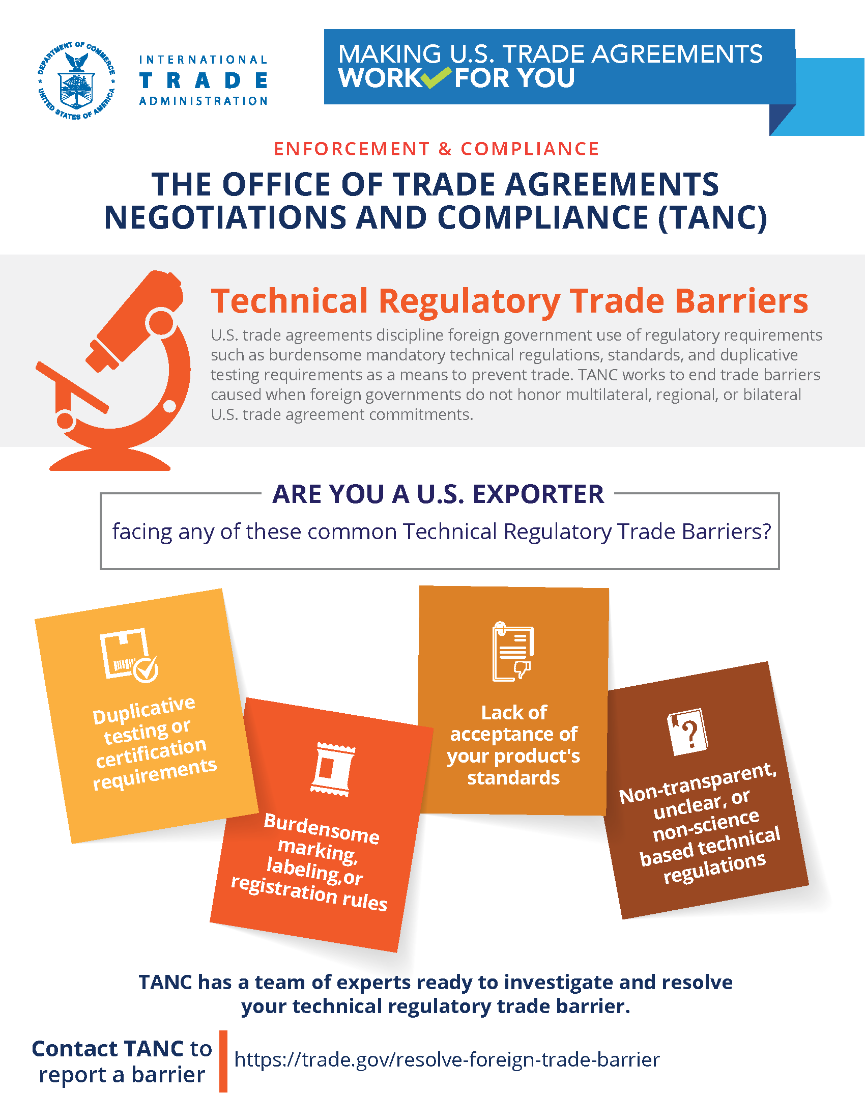 An infographic explaining technical regulatory barriers U.S. exporters may encounter and encouraging companies to reach out to TANC for assistance