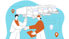 Illustration of people with shipping trucks.