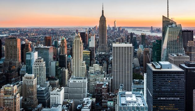 A photograph of skyscrapers in New York City taken from the air.