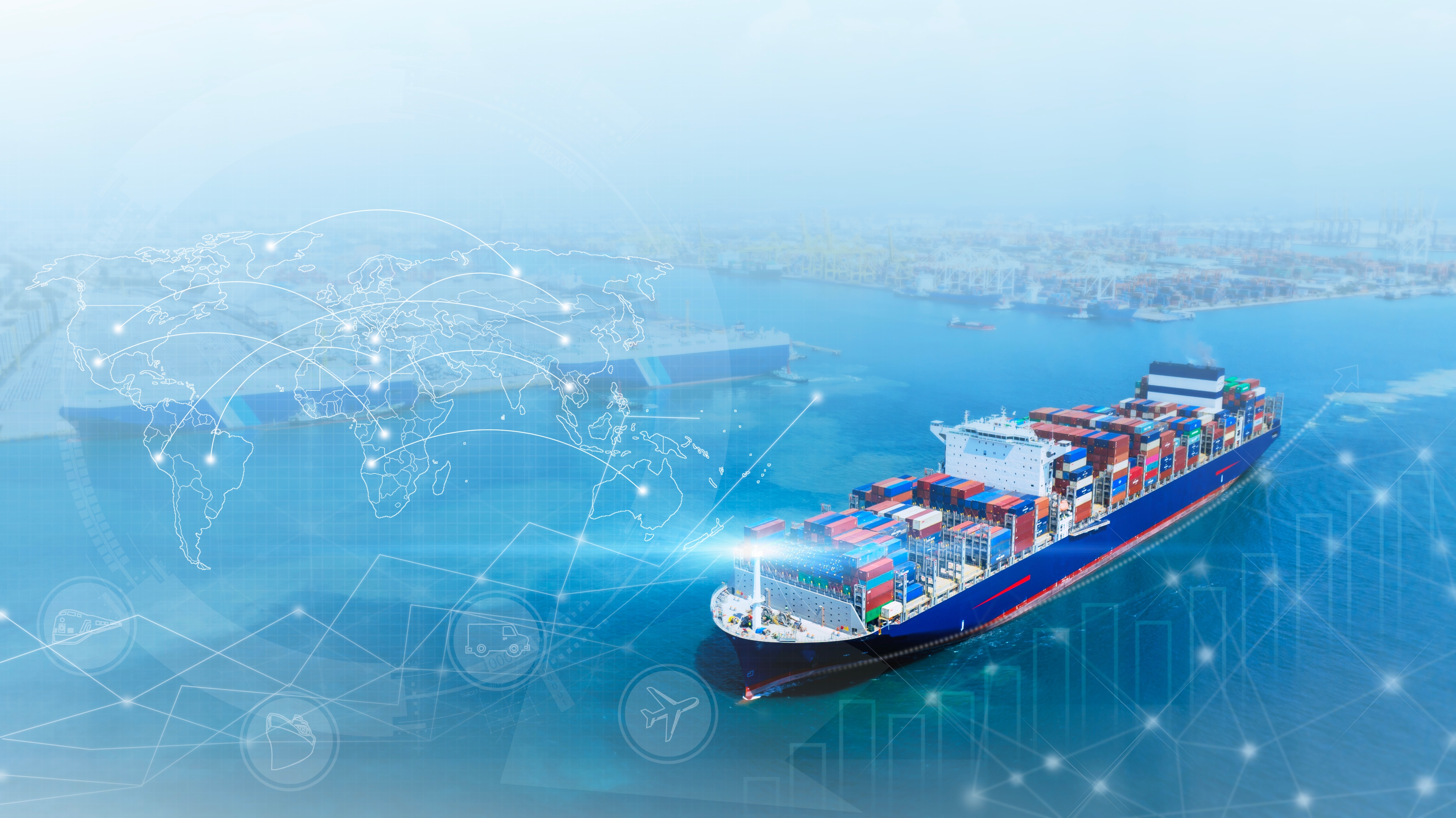 Stock image of a container ship on the water with depictions of the globe and graphs