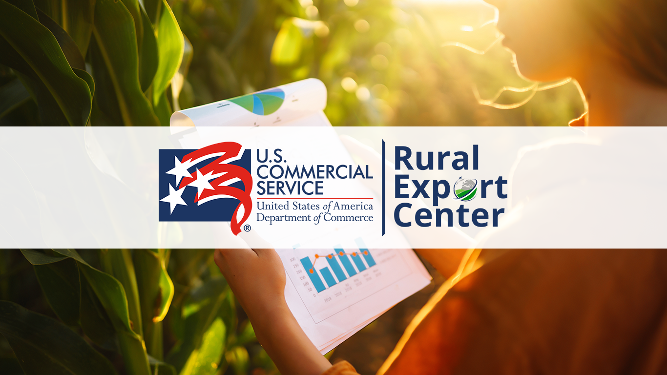 Graphic of Commerical Service and Rural Export Center Overlay, woman holding report in cornfield