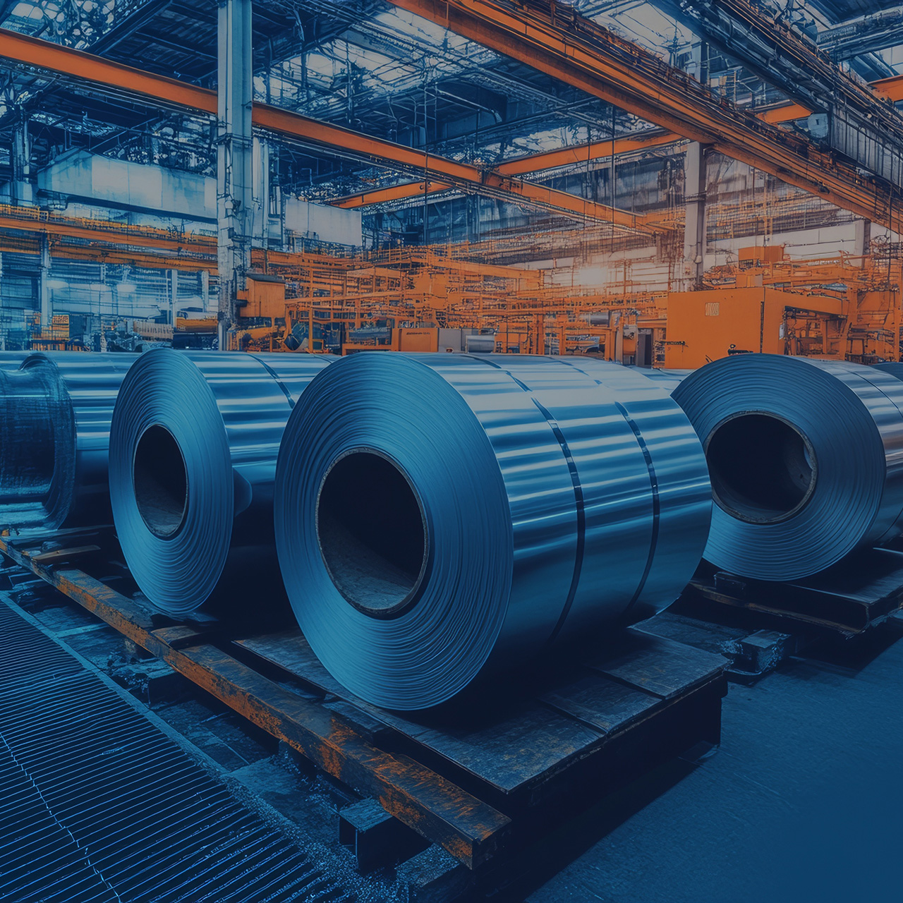 In a warehouse, steel coil is stacked and prepared for use in industry and for distribution.