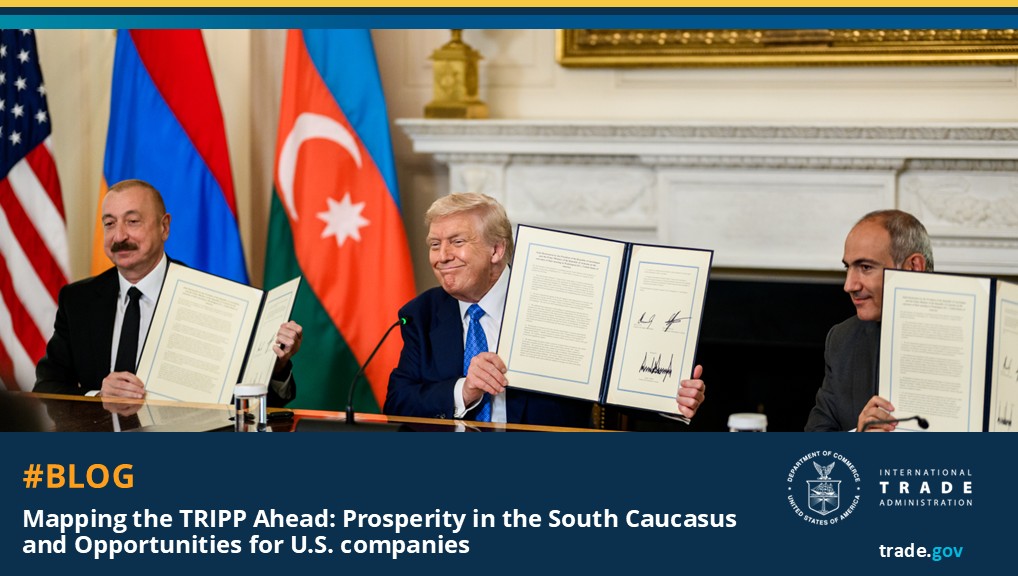 Graphic with a picture of (L to R): President Aliyev, President Trump, and Prime Minister Pashinyan