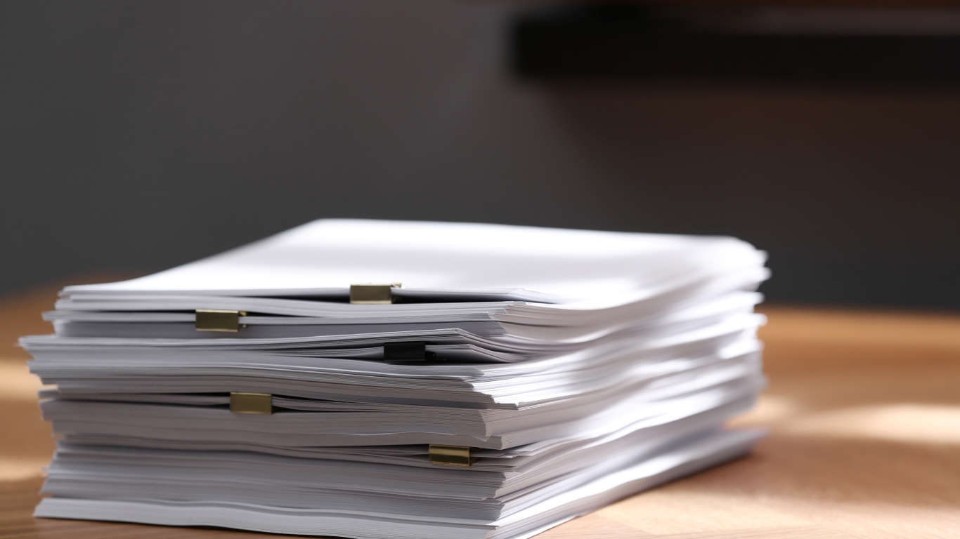 stack of papers on a table with a black background