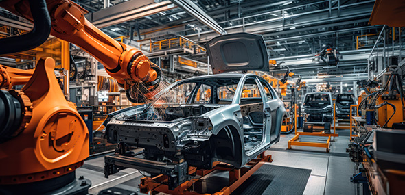 Robotic arms assemble an automobile