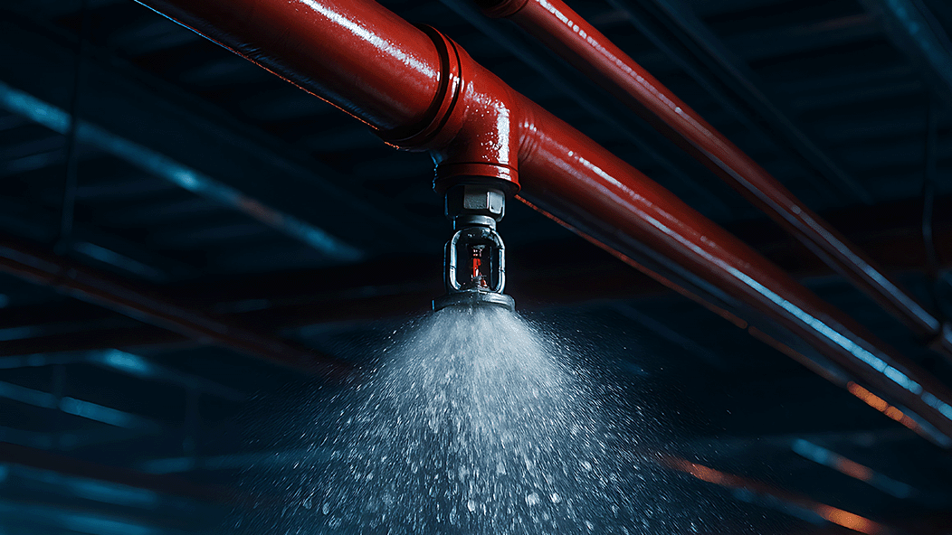 A fire suppression sprinkler sprays water into a dark room