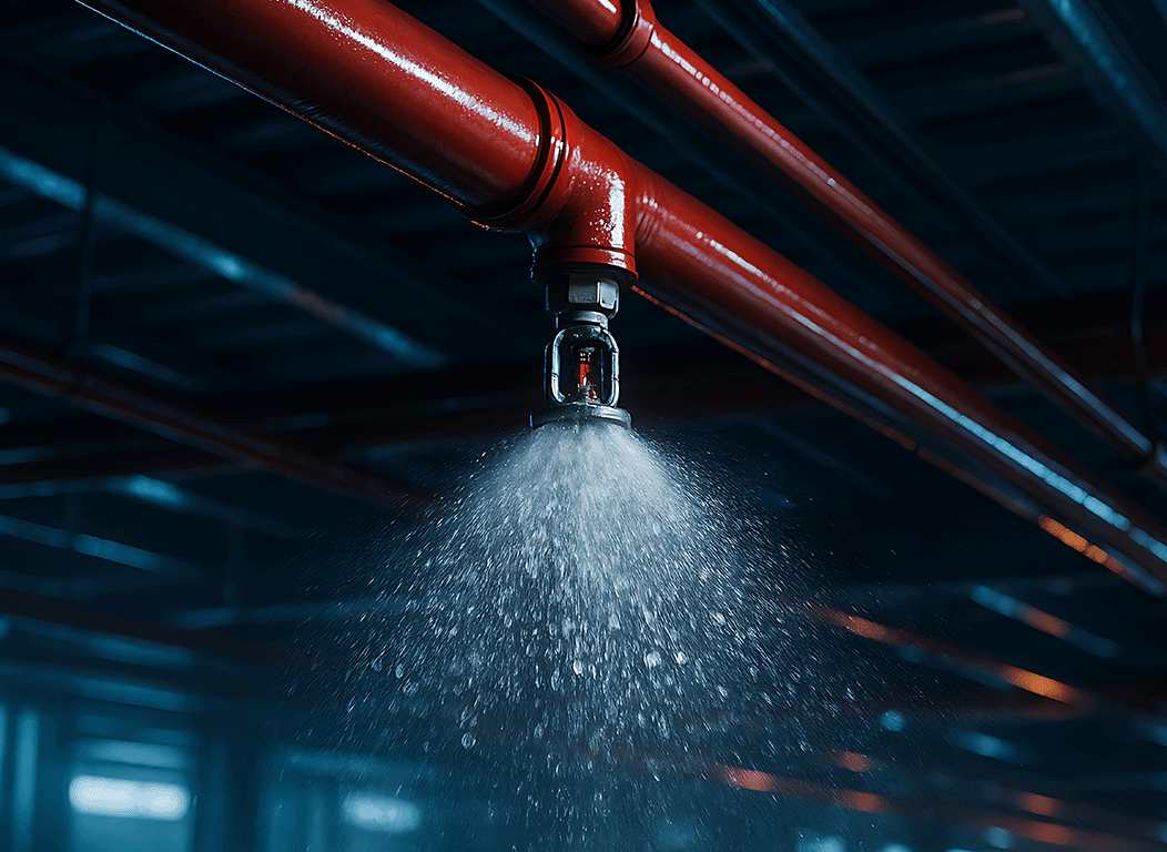 A fire suppression sprinkler sprays water into a dark room