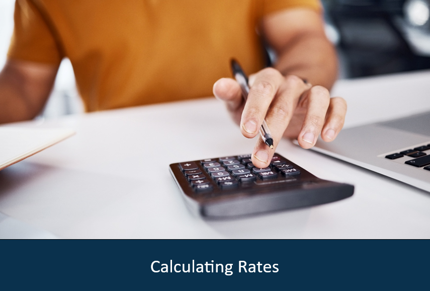 woman using a calculating with a blue ribbon underneath with text "calculating rates"