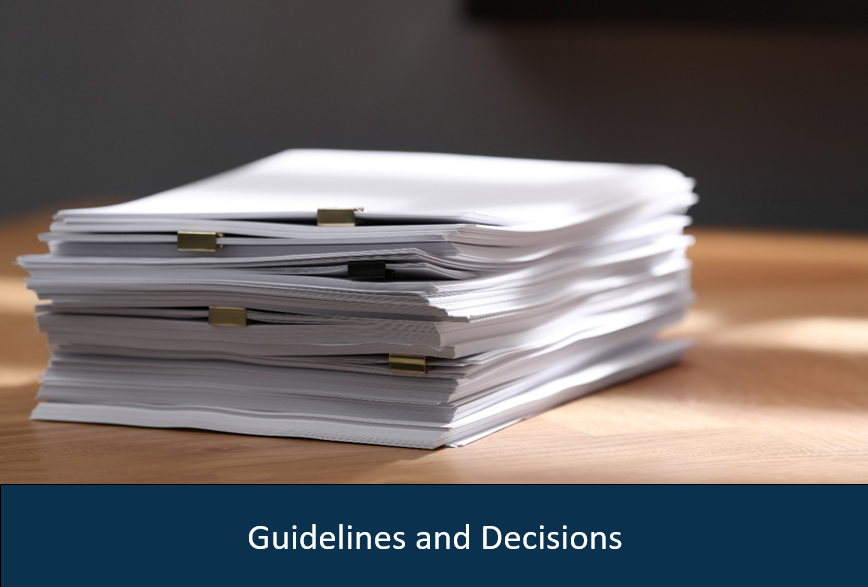stack of paper with blue ribbon underneath, text reads "guidelines and decisions" 