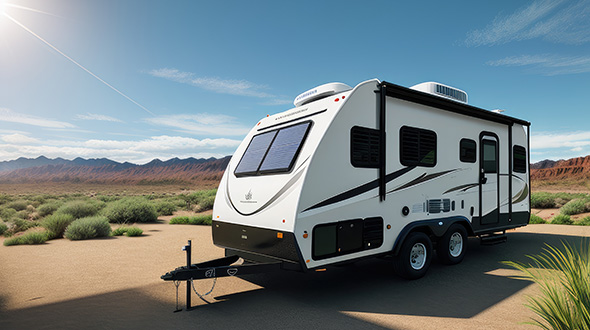 Off-road trailer stands in the parking lot on the background of thick green foliage.