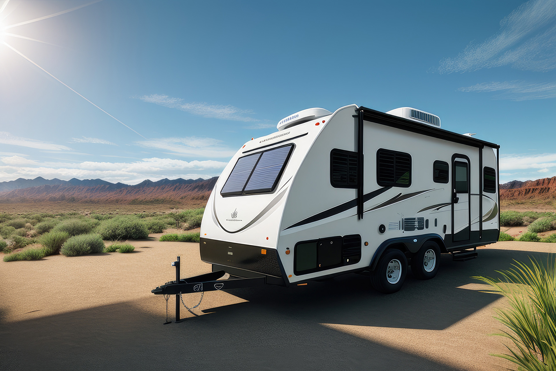 Off-road trailer stands in the parking lot on the background of thick green foliage.