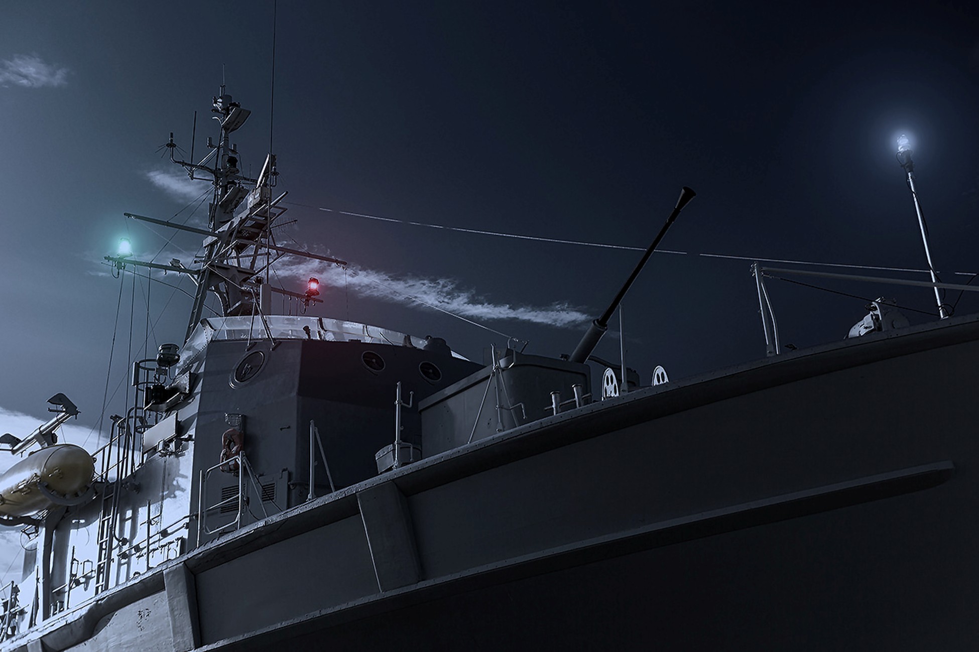 An image of a ship from a night vision point of view