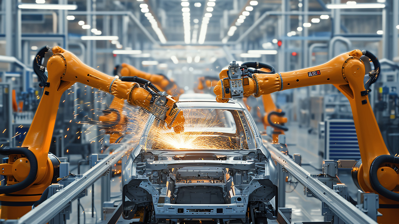 Car manufactory, robot assembly line in car factory