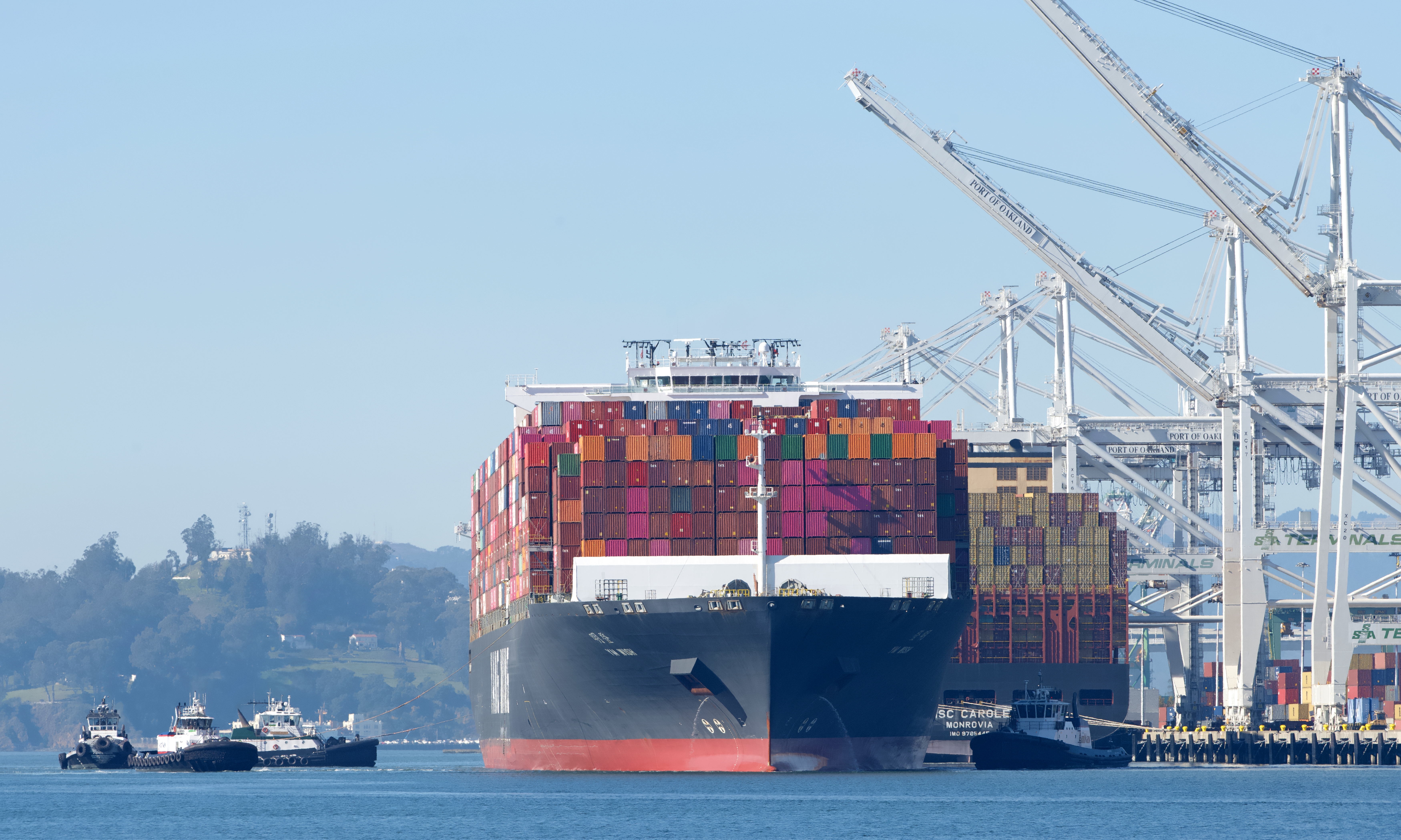 A container ship docked in a port 