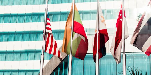 International flags in front of glass modern building