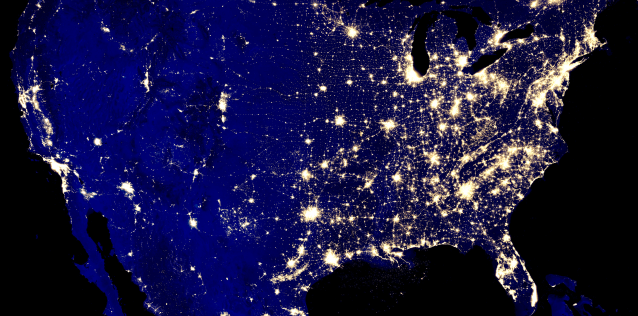 A satelite view of the United States at night