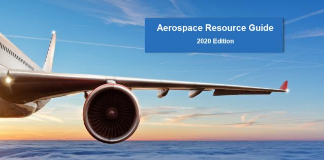 Image of civil aircraft flying with horizon in background and text for Aerospace Resource Guide
