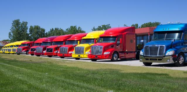 Row of colorful trucks.