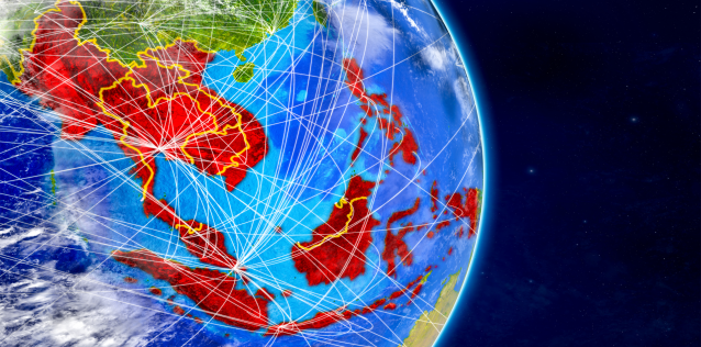 ASEAN memeber states on model of planet Earth with country borders and very detailed planet surface and clouds.