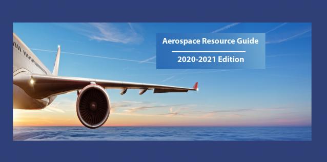 Image of civil aircraft flying with horizon in background and text for Aerospace Resource Guide