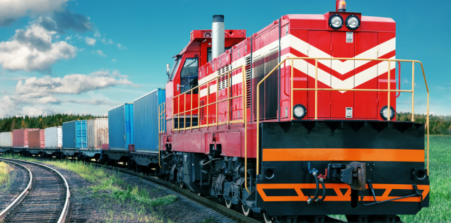 Image of a red train with shipping containers