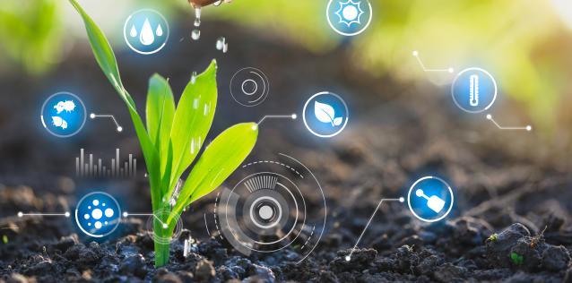 hand watering a plant in the dirt with an overlay of water and technology icons