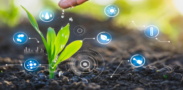 hand watering plant in the dirt with water technologies icons overlayed