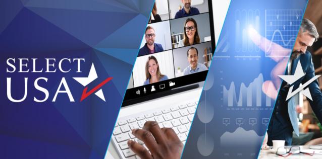 SelectUSA Logo with a photo of people meeting virtually, a tech background.