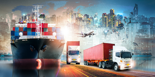 Transportation logistics, container ship, trucks, airplane, global map and city scape in background
