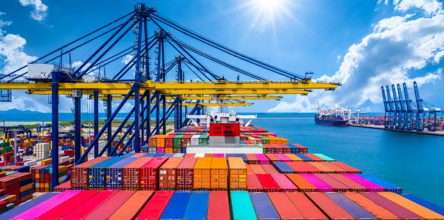 Container ship unloading in deep sea port, Global business logistic import export freight shipping transportation oversea worldwide by container ship open sea, Container vessel loading cargo freight