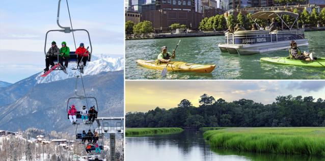 college of travel destinations, including mountains covered in snow, canoeing in a river