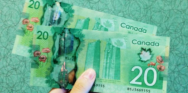 Hand holding bills of Canadian currency with green background