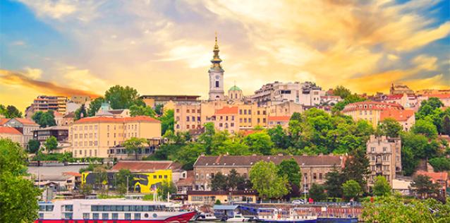 Beautiful late afternoon view of the historic center of Belgrade on the banks of the Sava River, Serbia.