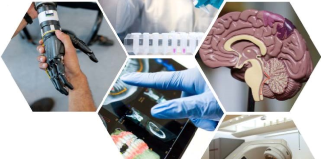 Hexagons with robotic arm, brain simulation, and finger touching medical equipment