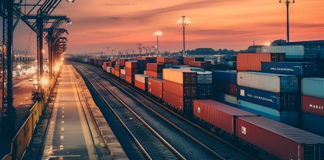 Shipping port with shipping cranes and containers at Sunset.