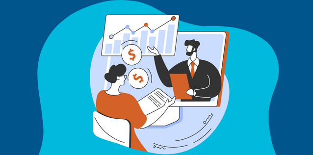 Two stylized figures in orange jackets, possibly men, are seated at desks, writing on documents.